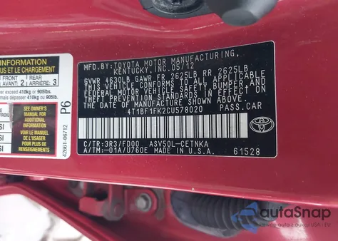 2012 Toyota Camry Le из США, поврежденный, VIN 4T1BF1FK2CU578020